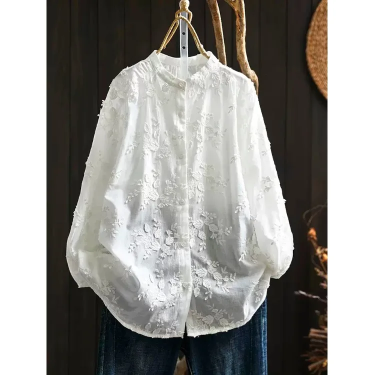 

Spring New Flower Embroidered Cotton White Shirt Women Loose Sweet O-neck Long-sleeved Shirts