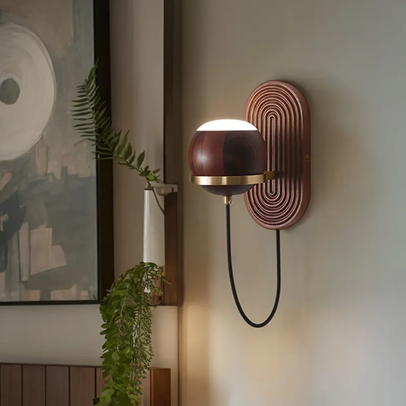 Walnut Wood Circular Sphere Vintage Wall Lamp Minimalist Sconce Light for Bedroom Bedside Living Room Restaurant Background Wall