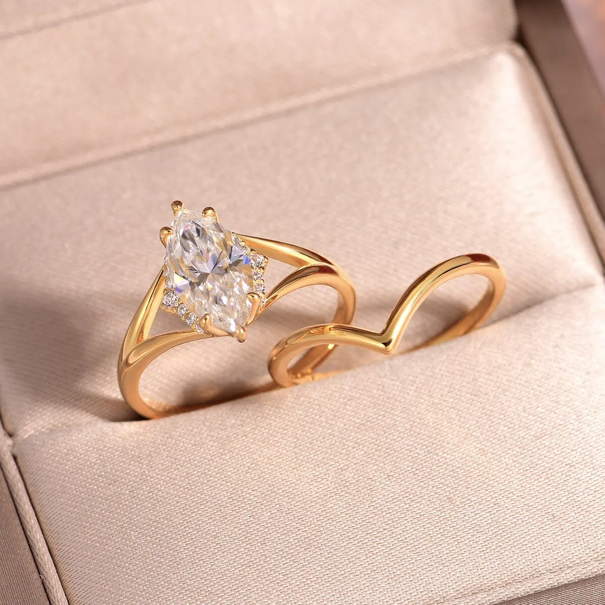 

S925 silver plated with 18K gold marquise-cut moissanite simple women's ring set 2.0ct/12*6mm for women wedding jewelry