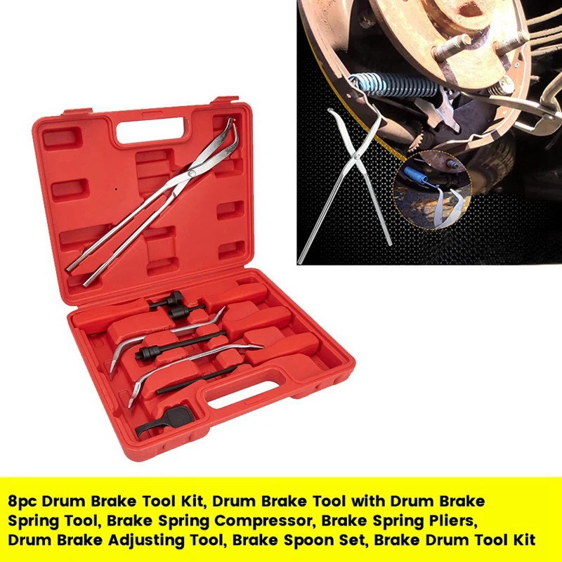 8Pcs Brake Drum Tool Kit Brake Drum Tool With Drum Spring Tool Brake Spring Compressor Spring Pliers Adjusting Spoon Set