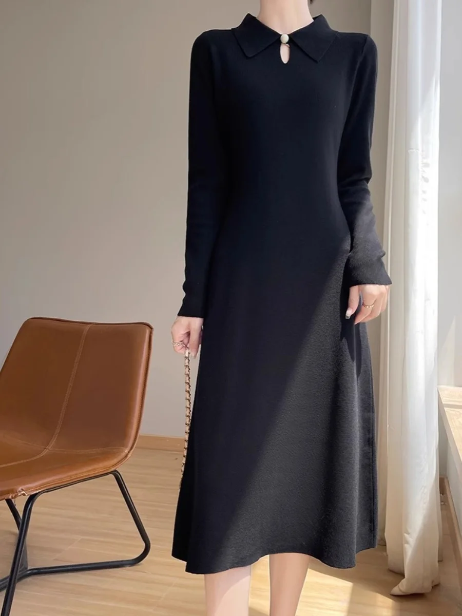 긴 니트 드레스 여성용 가을 겨울 블랙 미디 무릎 길이 칼라 니트웨어 드레스 하이 웨이스트 A라인 스커트 단품