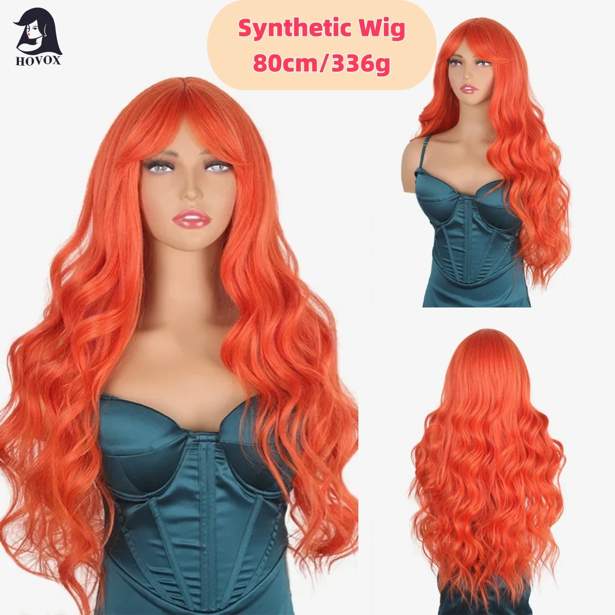 

HOVOX Female Synthetic Wig Orange Long Wavy Curly Hair Cosplay Party Shooting Modeling Daily Heat-resistant Wig