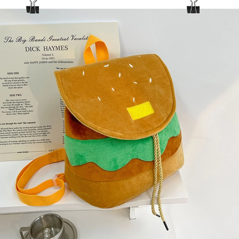 Cartoon Hamburger Backpack for Girl Women Student School Bag Drawstring Backpack