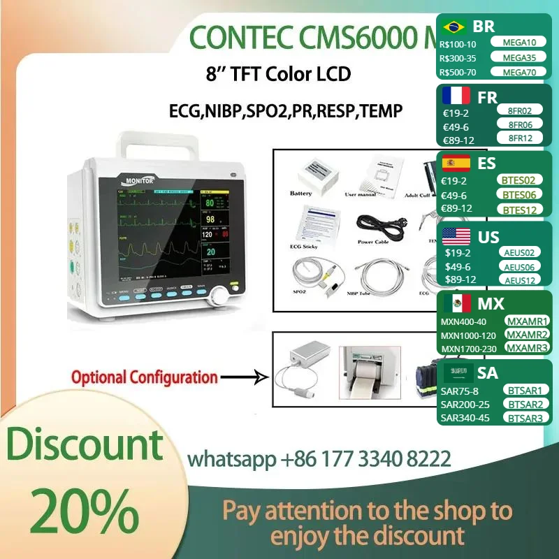 

CONTEC CMS6000 Adult Child Neonate Patient Monitor Vet Portable 6 Parameter ECG NIBP RESP SPO2 PR TEMP vital signs monitor