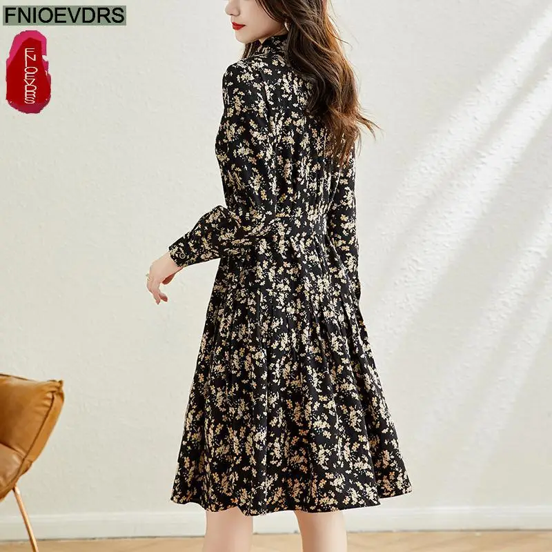 Robe chemise boutonnée pour femme avec ceinture, vêtements élégants pour femme, rétro vintage, noir, imprimé floral, dame de bureau, automne, 2024