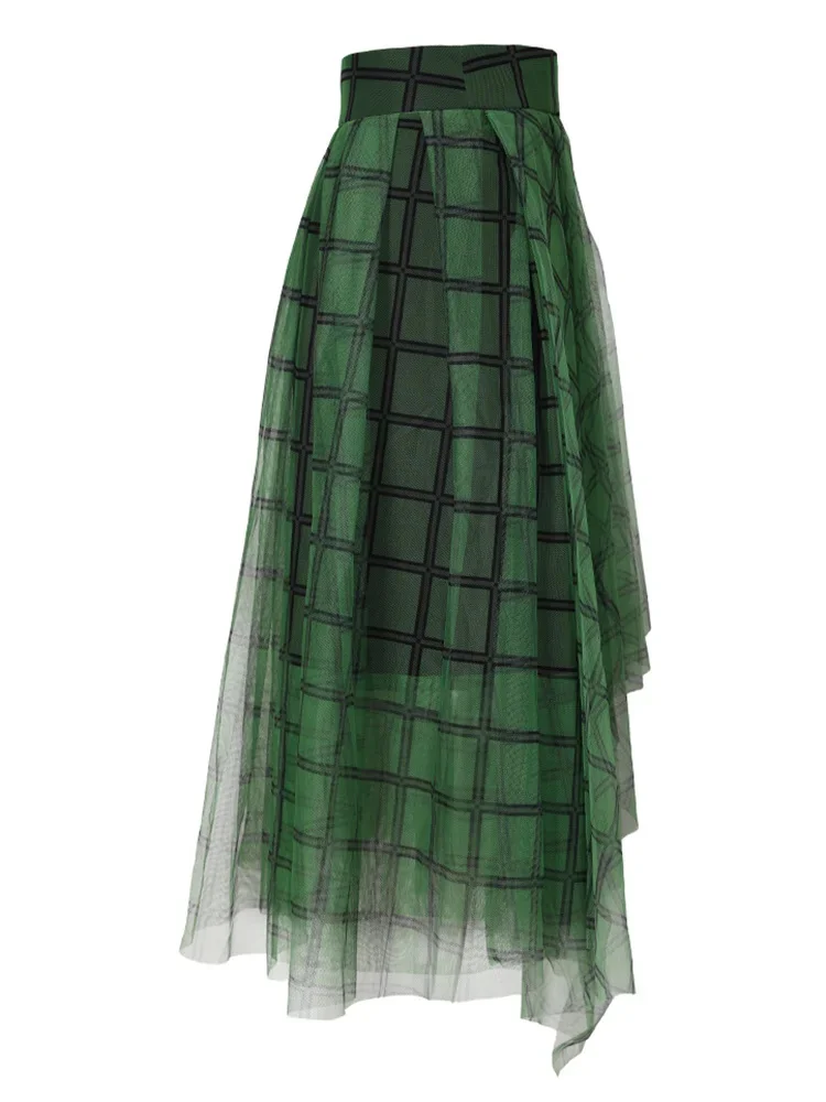 

Green Plaid Print Skirt Asymmetric Elastic Waist Streetwear A-line Mid-calf Skirts Famale Fashion Clothing 2AA474