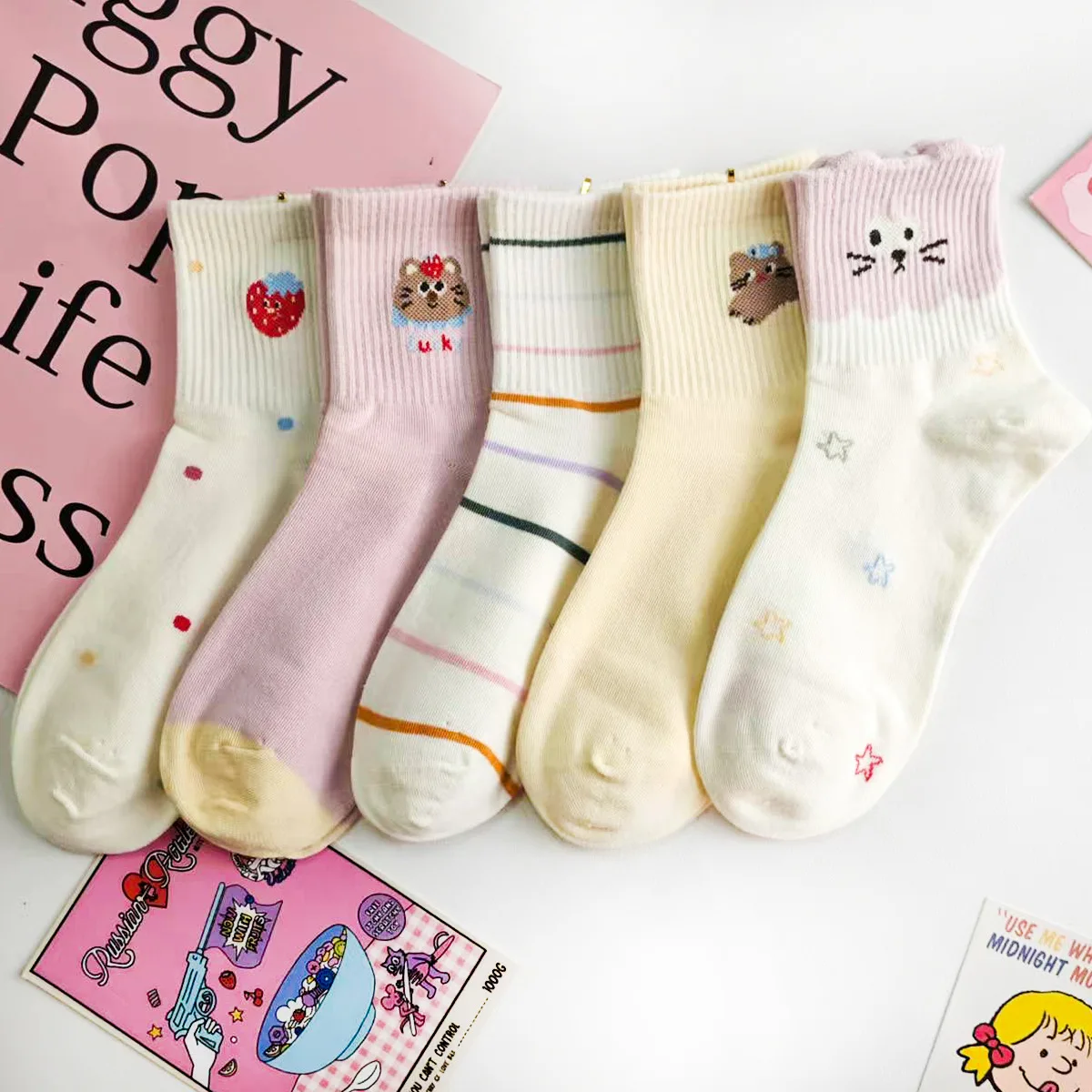 

5-парный комплект женских носков с рисунком милого кота в полоску в горошек Kawaii, универсальные носки средней длины, удобные дышащие хлопковые носки