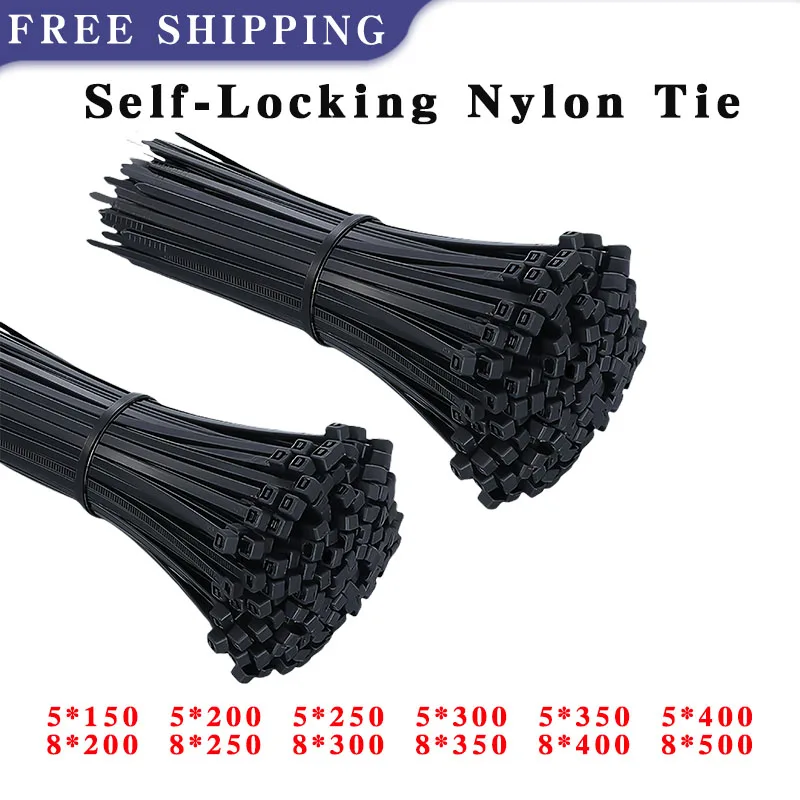 Self-locking Nylon Cable Black Ties 8x250mm Straps Fastening Loop Reusable Plastic Anti-Freeze Adjustable Cables Ties 8x200mm