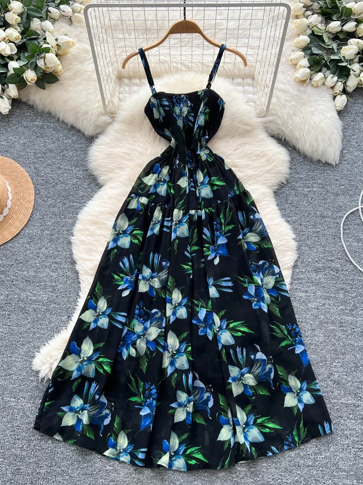 Vestido largo Retro con estampado Floral para mujer, vestido de verano con cintura adeazante, sin tirantes, estilo coreano,...