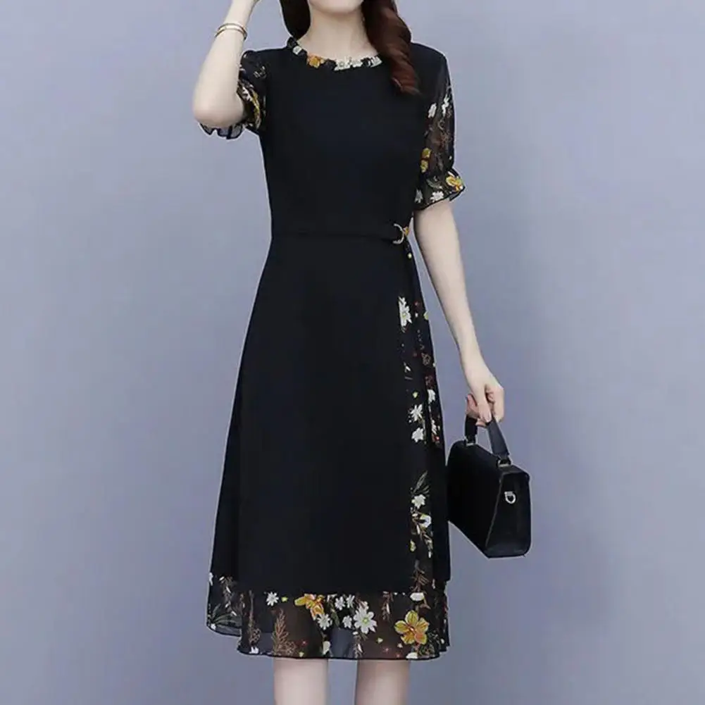 Lengan pendek bunga sabuk Kerajaan gaun wanita gaun pinggang ketat bunga Patchwork palsu dua potong gaun A-Line gaun Midi платье Dress