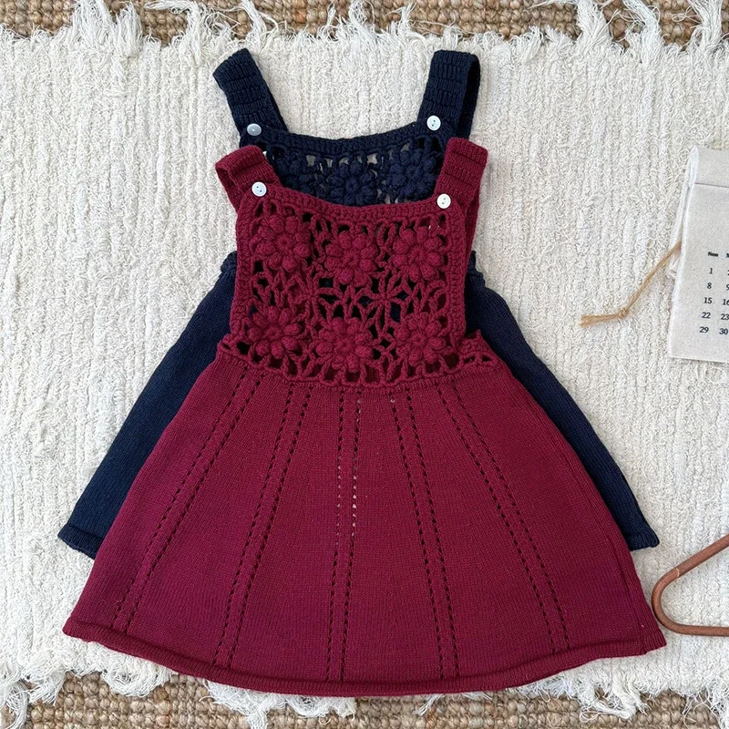 

Kids Knitwear Dress 1-5Y Autumn Girls Sweater Dress Baby Christmas Party Clothe Vintage Handmade Embroidery Knit Princess Dress