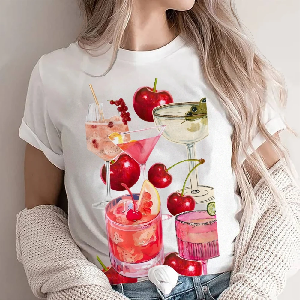 Camiseta gráfica de coquetel de frutas 100% algodão de alta qualidade oversize colorido camiseta cereja bebidas impressão verão y2k vibe