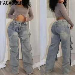 FAGADOER Retro Straight Denim Pants Women Detachable Buttons Patchwork Fashion Jeans Trousers Y2K Streetwear Bottoms Autumn New