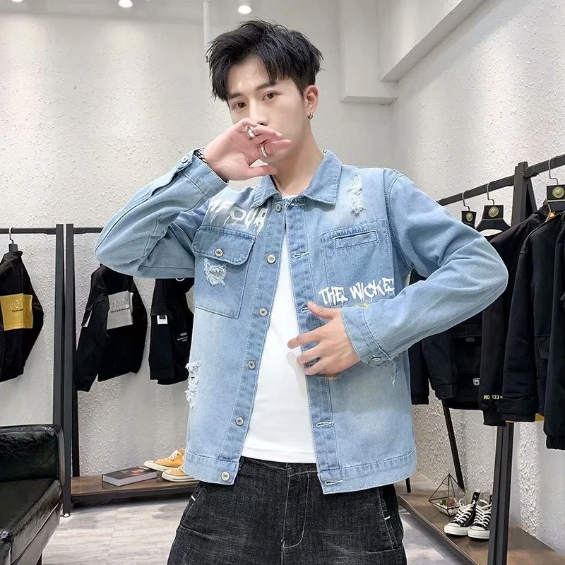 

Мужская джинсовая куртка American Sle, модная, оверсайз, 250 пу, осенне-зимняя, повседневная, с воротником-стойкой, длинный рукав, молодежный стиль