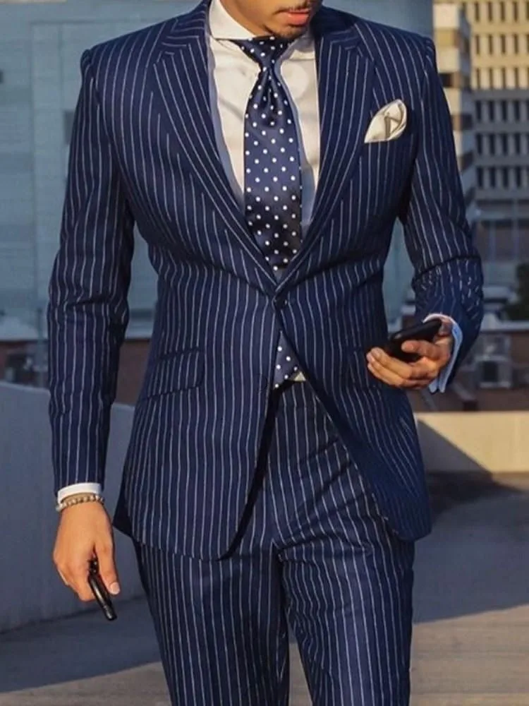 2024 Navy Blue 2 Piece Slim Fit Business Men Suit Stripe Groom Wedding Tuxedo Custom Skinny Prom Wedding Business Suit