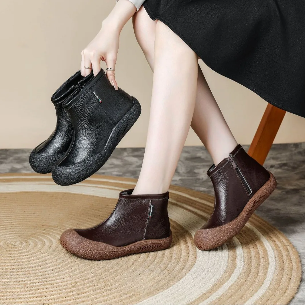

GKTINOO Genuine Leather Short Boots For Women 2024 Autumn New Retro Side Zipper Casual Soft Soled Women's Flat Boots