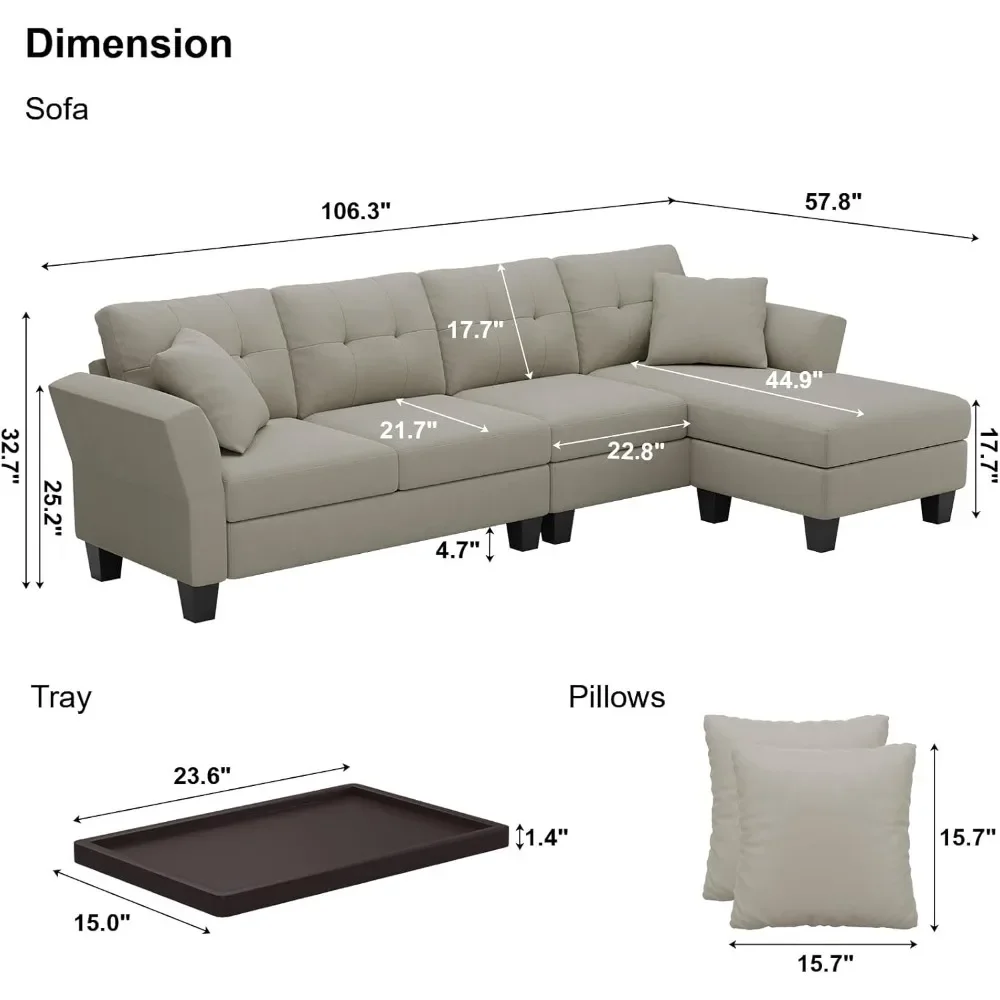 Convertible Sectional Couch Velvet L Shaped Sofa 4 Seat Sofa with Chaise L-Shaped Couches Reversible Sectional Sofa