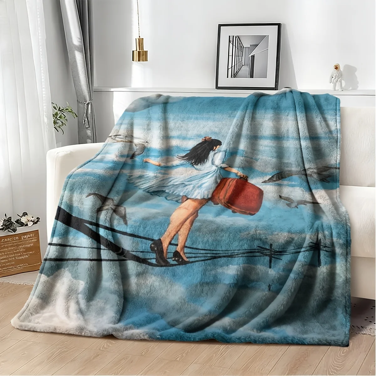 Whimsical Fantasy Art Throw Blanket Cozy Dreamy Flying Woman Sky Pattern Naptime Decor for Sofa Bedding Gift