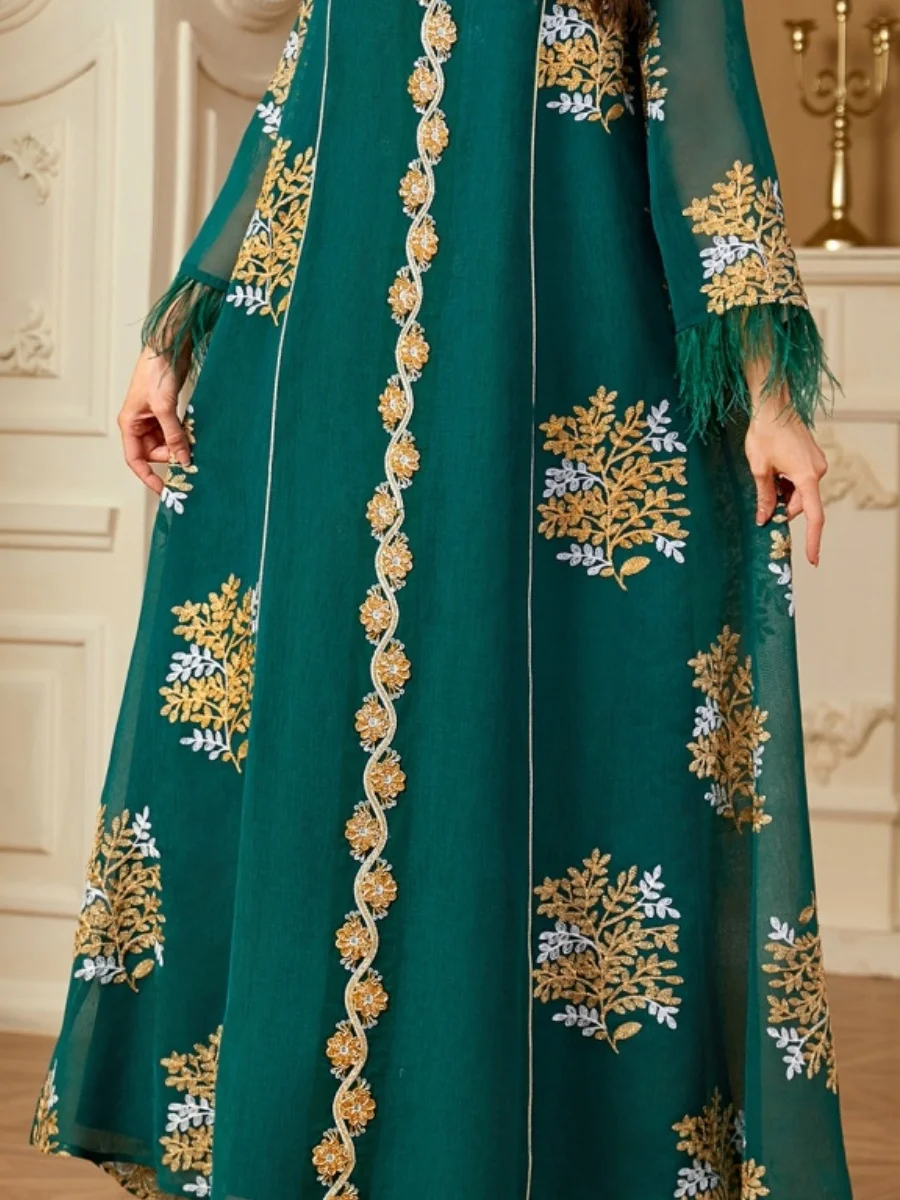 Siskakia Dubai Blumenstickerei Abayas Muslim Mesh Federn Kleid Modest Kleider für Frauen Abend