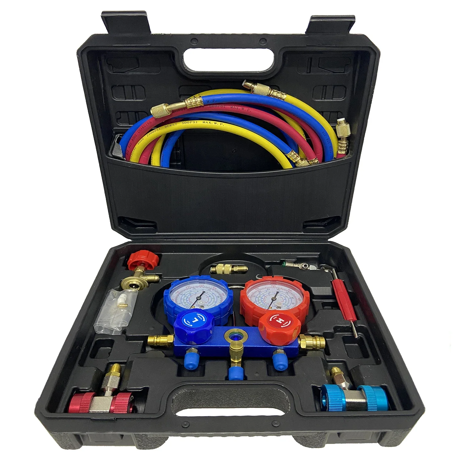 1 BOX Tool Kit Set Car Air Conditioning Pressure Manifold Gauge Hose Adapter R22 R-410A R-134a R-404A Refrigerant Pressure Gauge