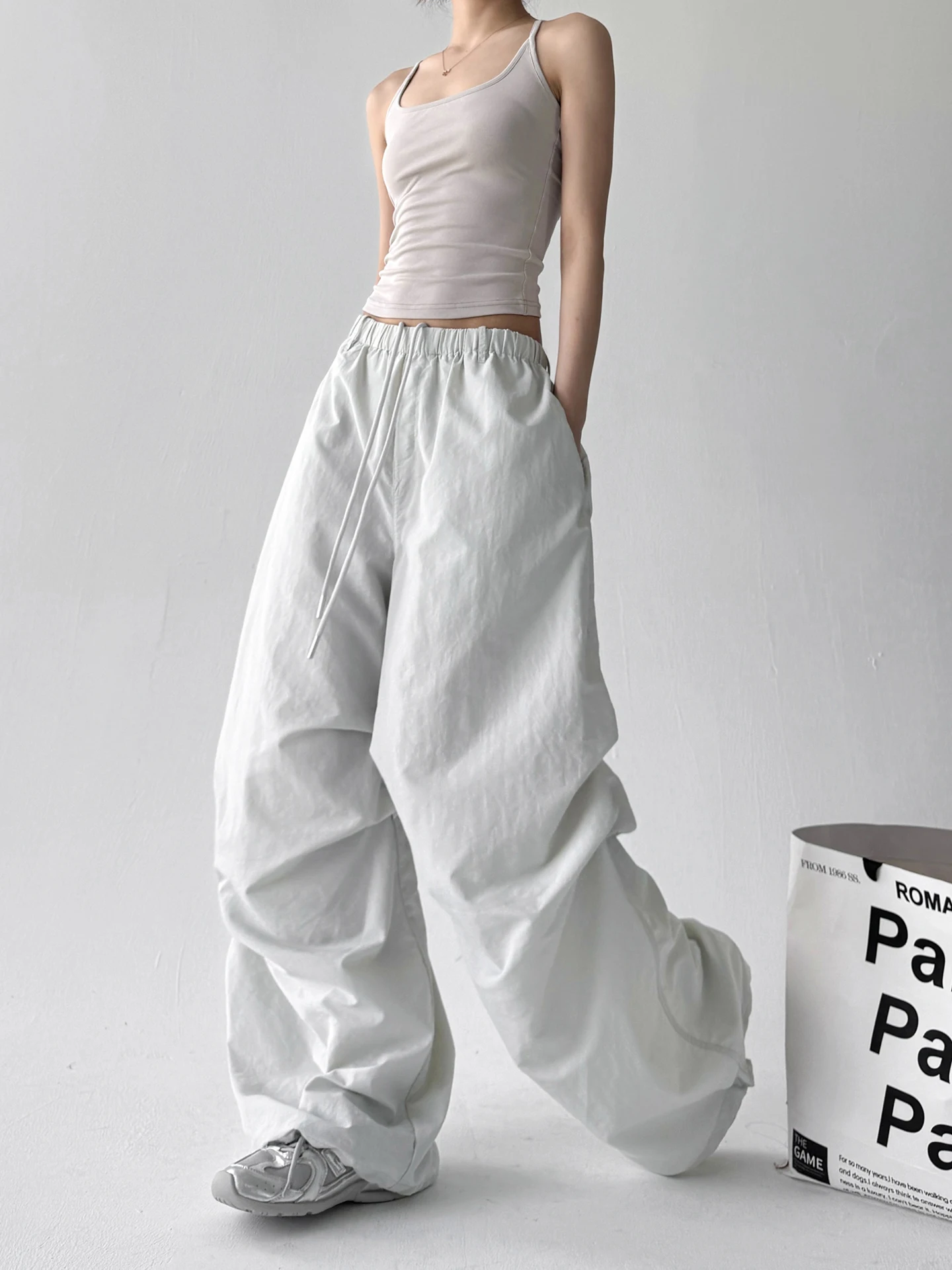 2025년 여름 여성 캐주얼 스포츠 얇은 하이웨이스트 루즈 스트링 와이드 레그 팬츠 다용도 작업복 바지 출퇴근용