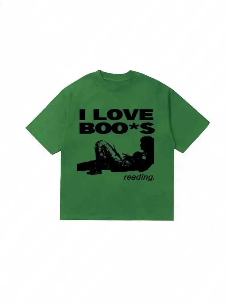 

Футболка с принтом в стиле панк-харадзюку, молодежная повседневная летняя модная футболка, свободный крой, круглый вырез, с надписью «I Love Boo aphic»