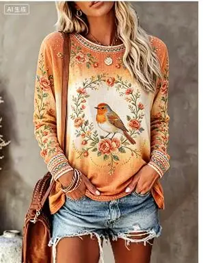 Women Long Sleeve T‑Shirt Vintage Ladybug Wild Floral Print Crew Neck Loose Casual Daily Tops