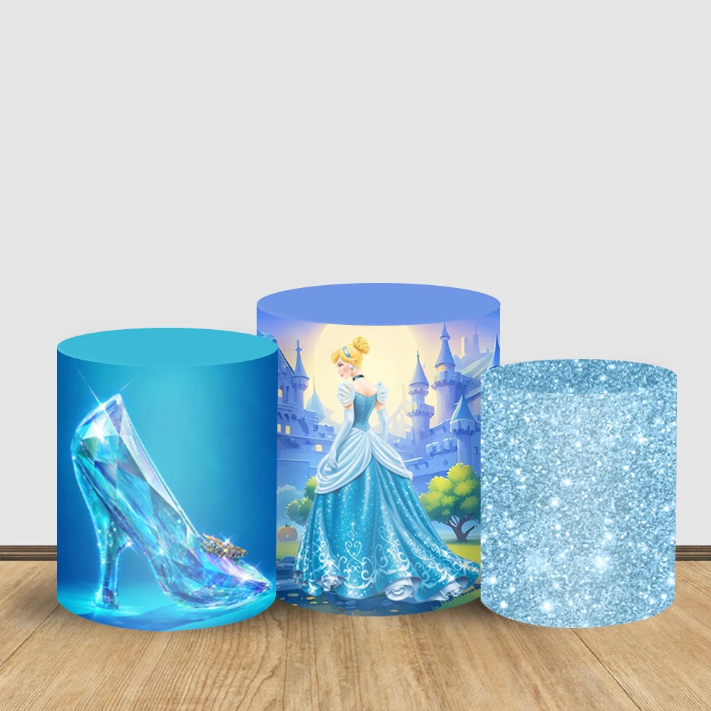 Disney Cinderella Glass Slipper Theme Circle Round Background Cover and Cylinder Covers for Birthday Party Backdrop Decoration