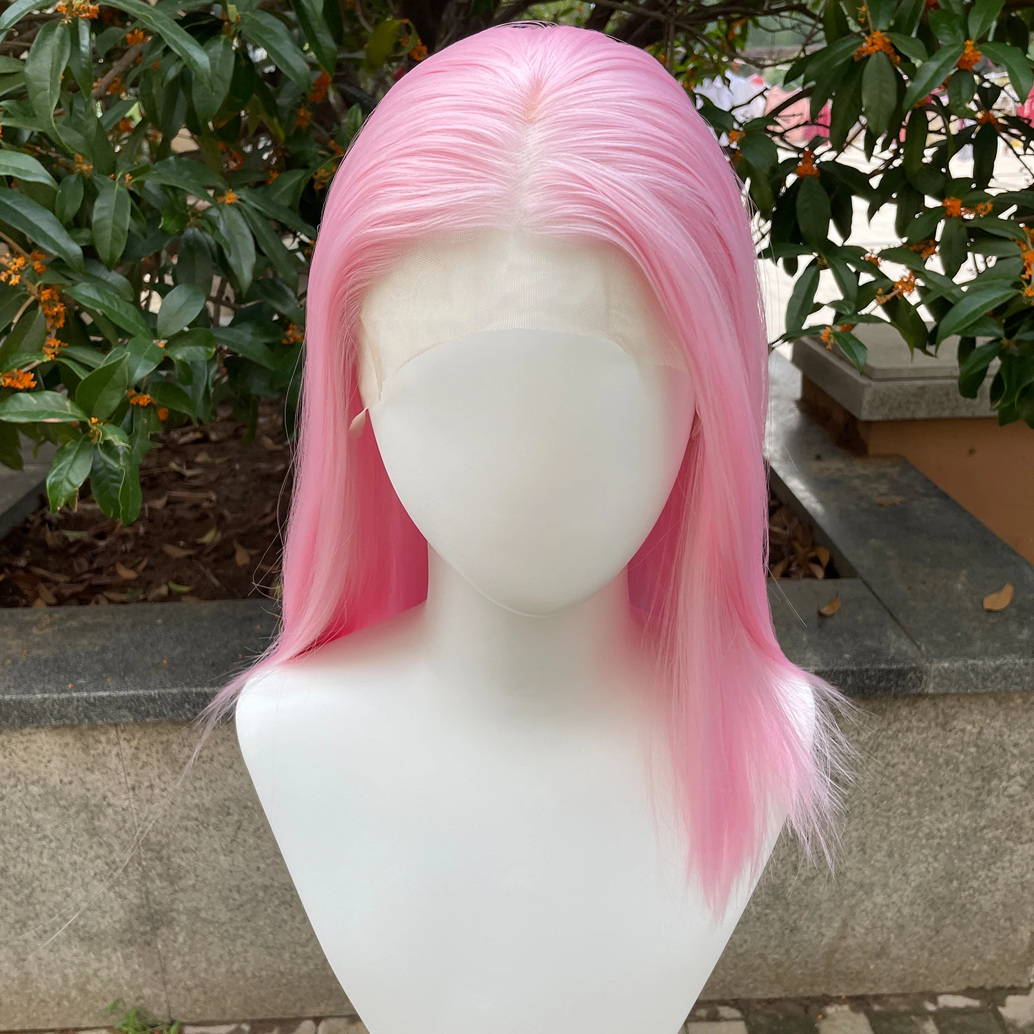 Light Dream Pink Shoulder Length 13x4 Synthetic Lace Front Wigs Women Middle Part Short Straight Wigs Glueless Wigs 150% Density