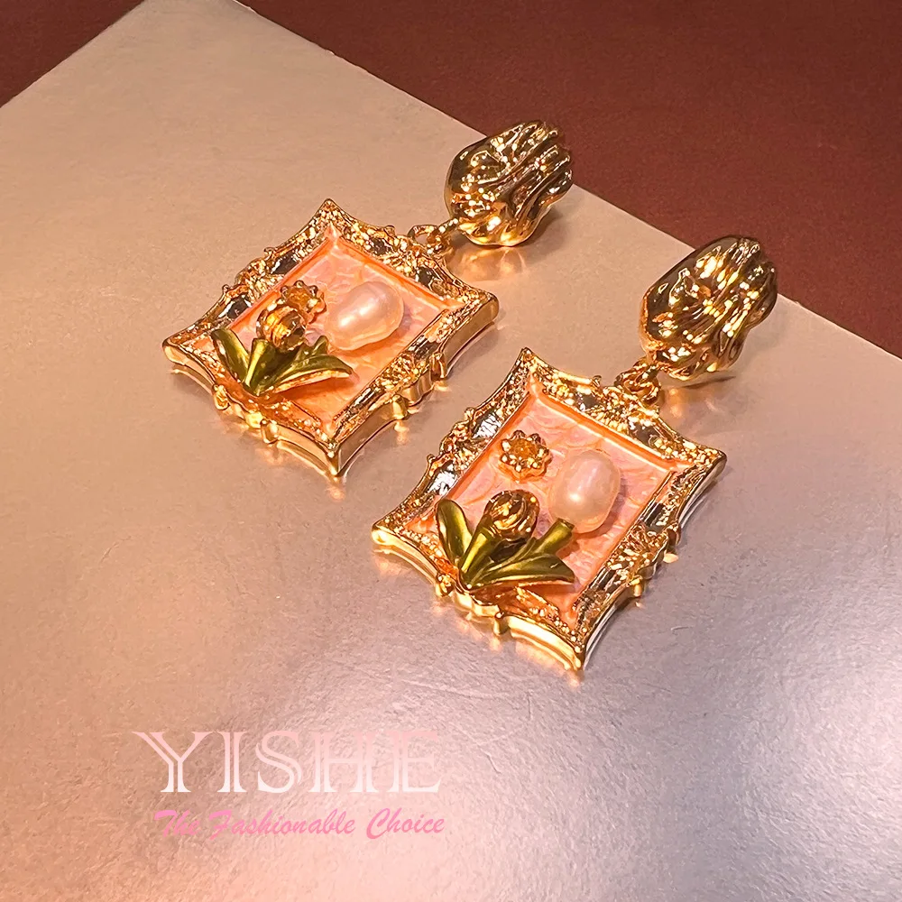 Oil painting earrings French square real gold plated niche natural freshwater pearls vintage baroque enamel color earrings
