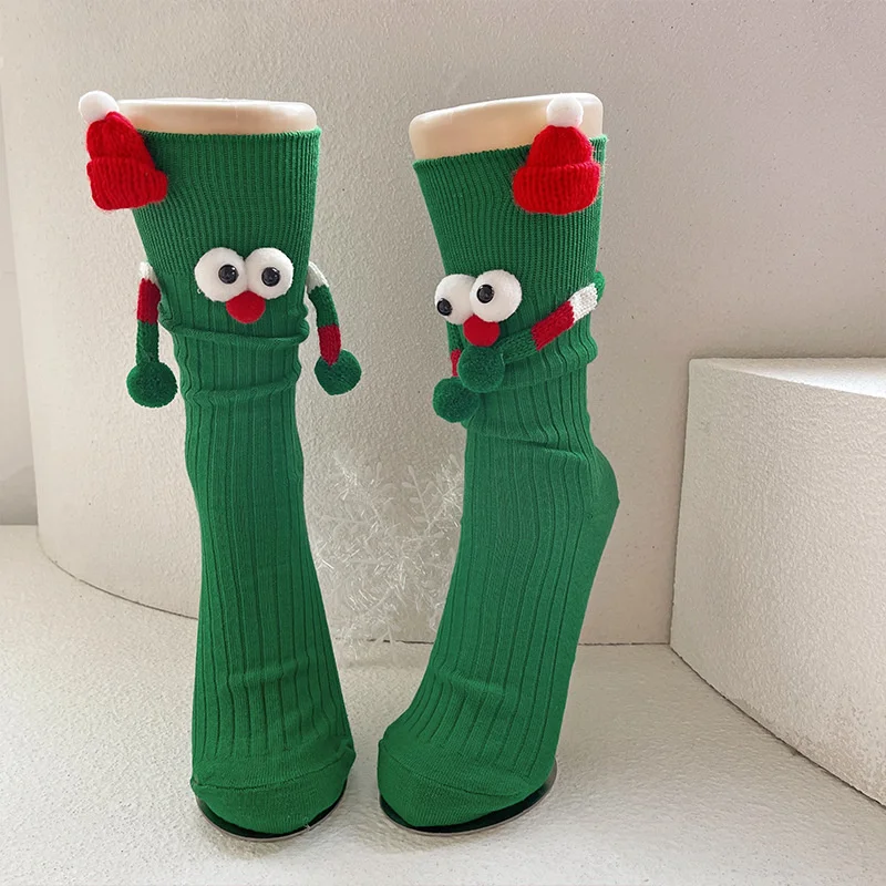 Classic Christmas-Themed Magnetic Socks Cute Cartoon Eye-Printed Hand-Holding Cotton Knee-High Socks Unisex Chic Christmas Gifts