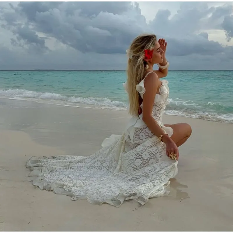 Sexy Hollow Out Lace Maxi Dress Women Spaghetti Strap Ruffles Party Club Robes Backless Side Slit Beach Vacation Lady Dress image 4