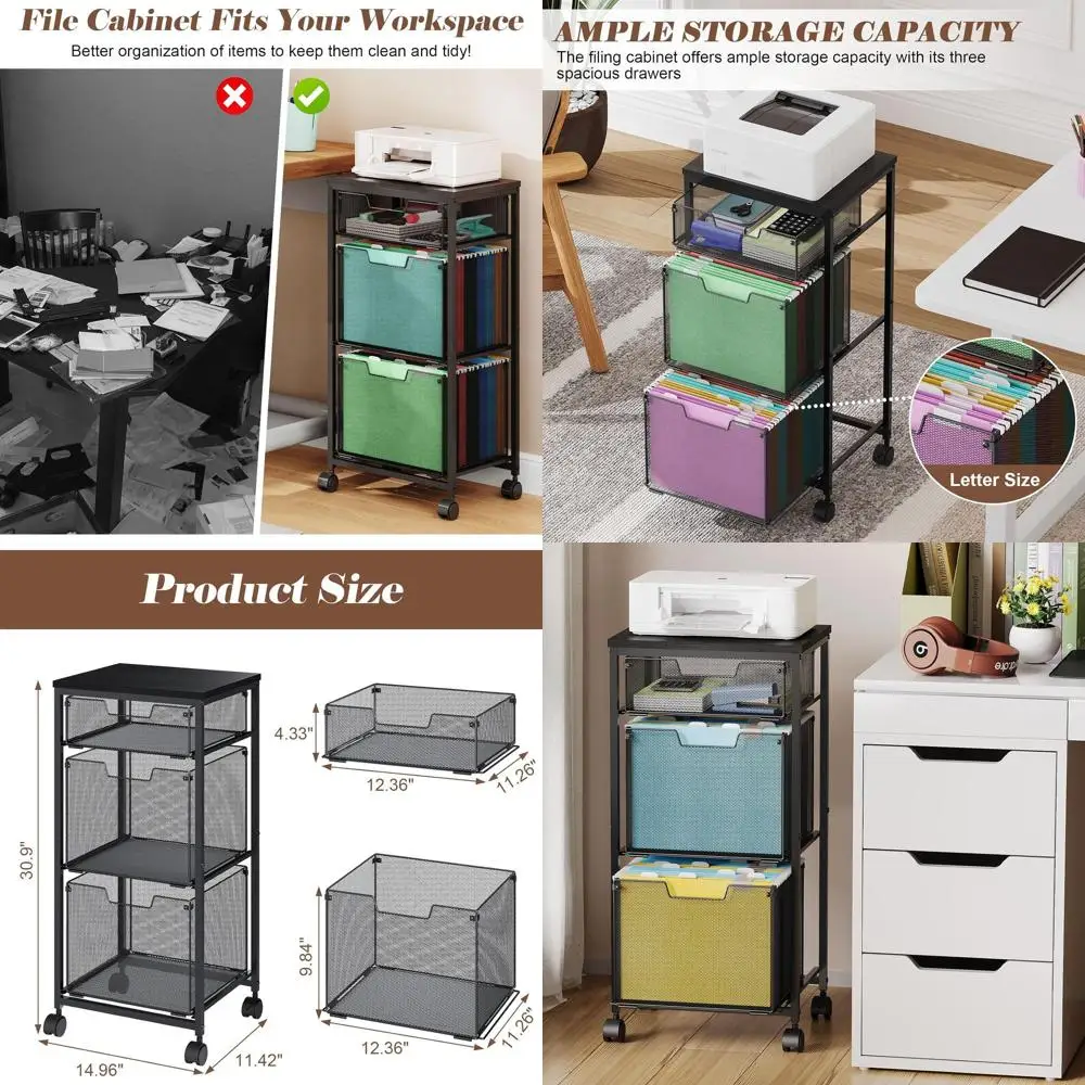 

Black Rolling 3-Drawer File Cabinet with Lockable Wheels, Home Office Storage Organizer, Printer Stand