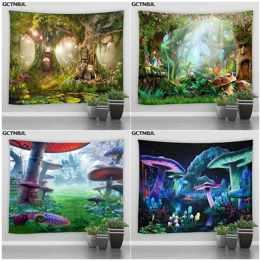 

Fairy Tale Forest Tapestry Magic Mushroom And Tree Kids Girl Bedroom Living Room Party Background Wall Hanging Hippie Tapestries