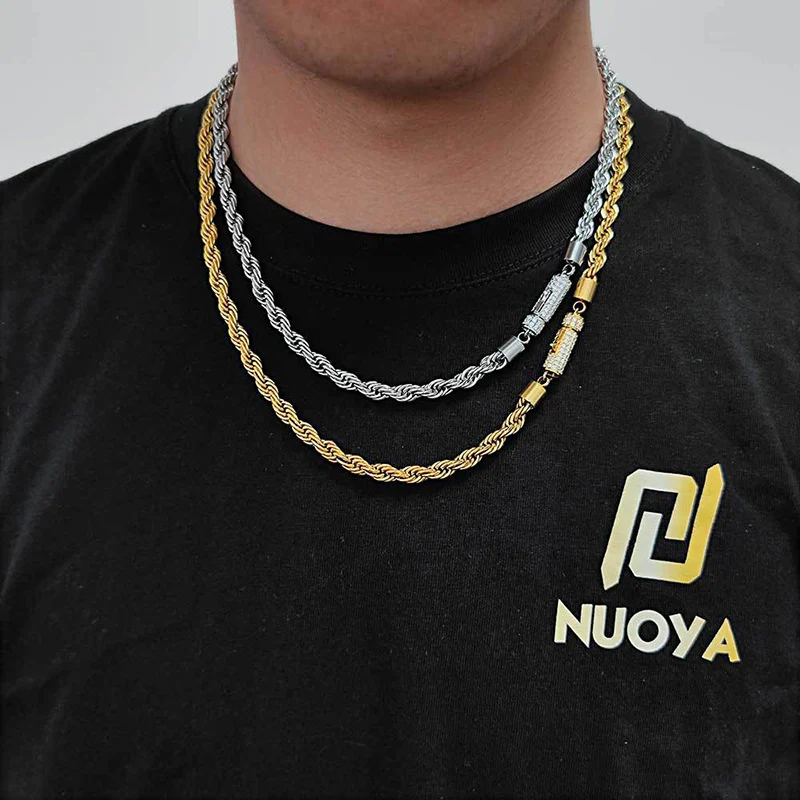 6mm Titanium Steel Twist Rope Chain Link Necklaces for Men Women Unisex Hip Hop Bling Iced Out Rock jewelry Gold Silver Color