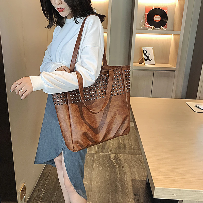 Women Shoulder PU Leather Bag Fashion Handbag Retro River Leather Ladies Shoulder Bag Large Tote Purse Women Handbag Tote Bags