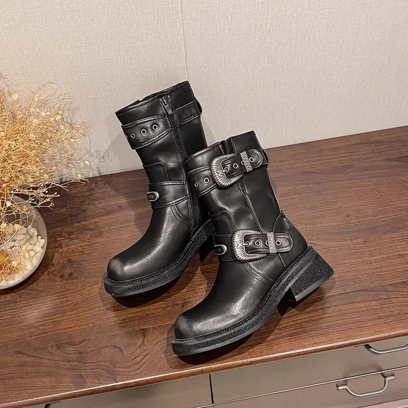 Square Toe Leather Platform Half High Boots for Women Demi-season Mid Calf Shoes Woman Chic and Elegant Trend 2025 Y2k Boot Sale