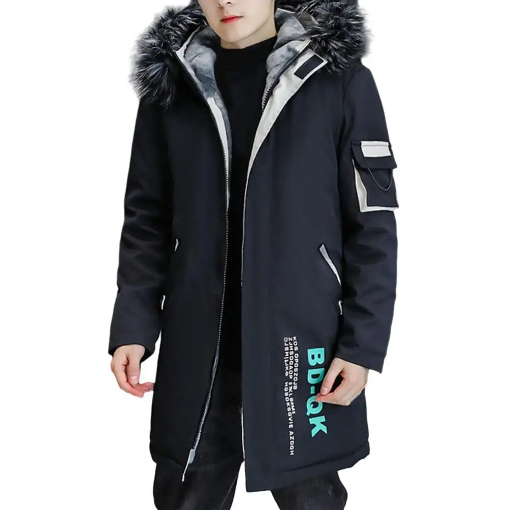 Autumn Winter Parkas Jacket for Men Patchwork Color Jacket Hooded Fleece Thick Mid-length Coat Cotton-Padded Long Jacket