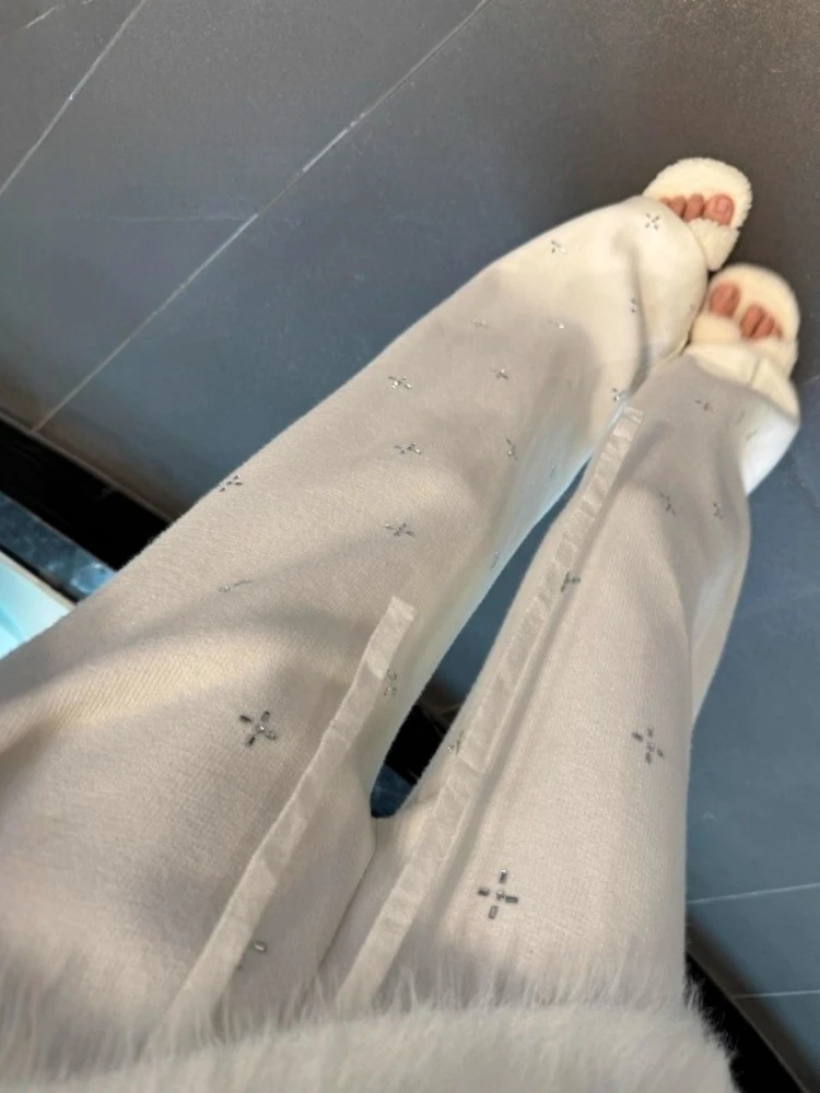 

Белые вязаные брюки с пайетками, свободного прямого кроя, женские, весенние, в расслабленном стиле, стройнящие, струящиеся, мягкие, широкие, повседневные брюки