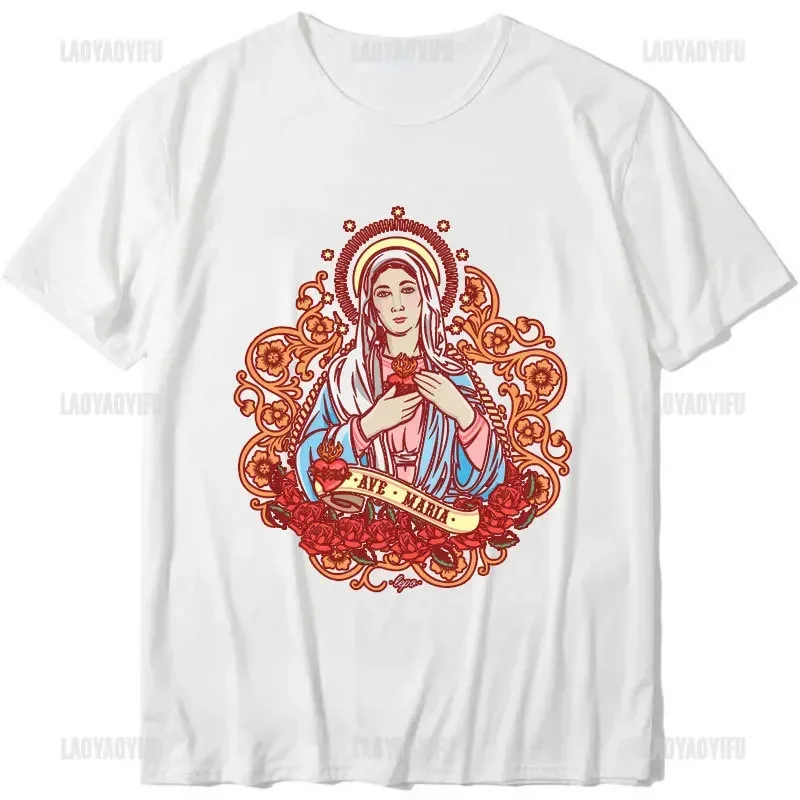 Ave Maria Women Aesthetic Clothing Virgin Mary Female Summer Graphic Tshirt Vintage Man Lady Cotton Fashion Outdoors Short-sleev