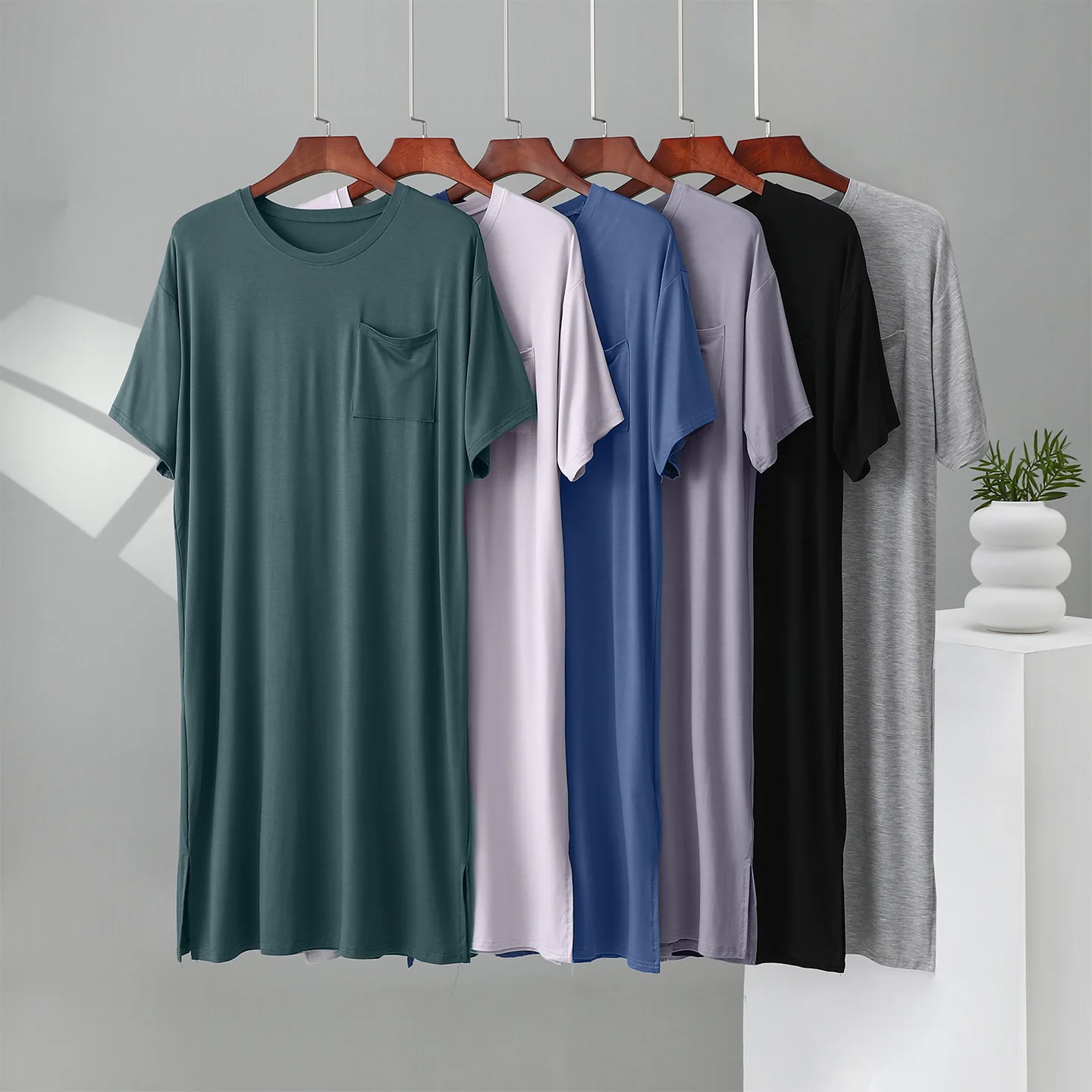 Men's Modal Mid-Length Bathrobe Short Sleeve T-Shirt Dress Summer Thin Sleepy Gown Loose Dress Large Size Home Clothes