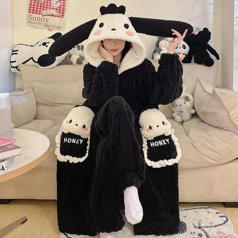 Hot Sanrio Girl Coral Fleece Thickening Hooded Robe Trousers Suit Winter Kawaii Pochacco Comic Keep Warm Pajamas Leisure Wear