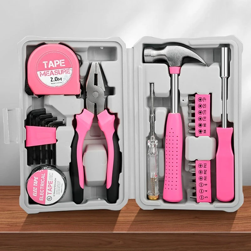 Pink Multifunctional Small Thick Hardware Toolbox Complete Set Household Repair Combination Tools