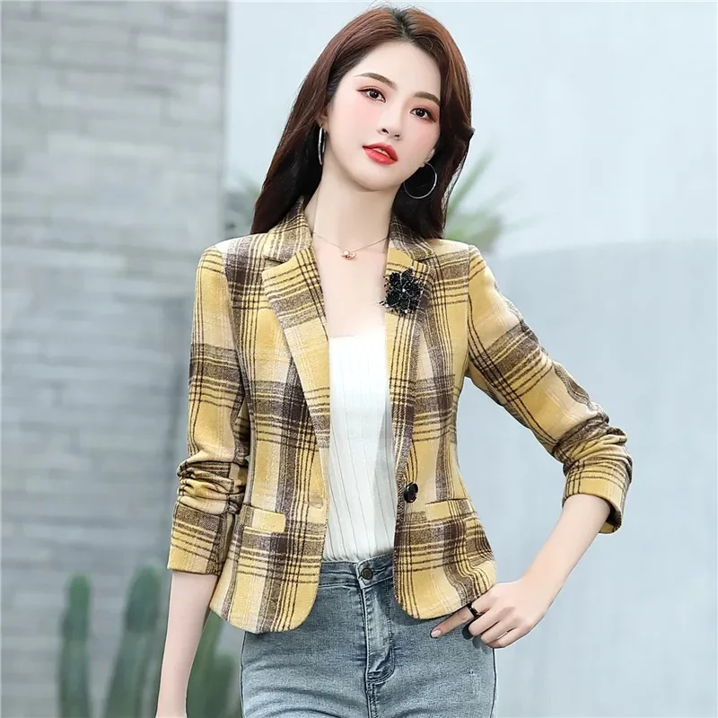 

Short Suit Jacket Spring Autumn Women's 2023 Short Coat Casual Temperament Plaid Blazer With Lining Female Woolen Jacket Brooch