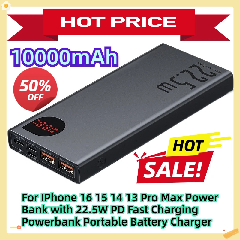 

10000mAh For IPhone 16 15 14 13 Pro Max Power Bank with 22.5W PD Fast Charging Powerbank Portable Battery Charger