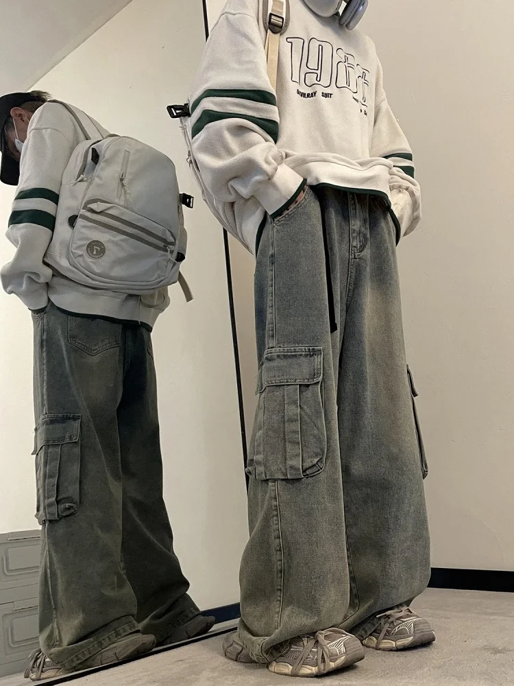 

Мужские рабочие джинсы из денима на весну-осень, в американском ретро-стиле, прямые широкие брюки в пол