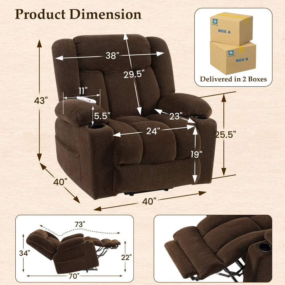 Large Wide Power Lift Chair Recliner, Heat & Vibration Massage, Extended Footrest for Big and Tall,Warm Soft - (Plush Flannel)