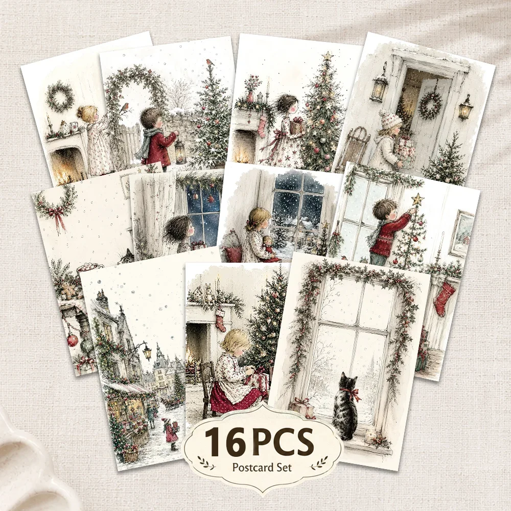 16pcs, Christmas Postcard, Sketched Line Art Homey Xmas, Bullet Journal Greeting Card, Bedroom Wall Decor, Collectible