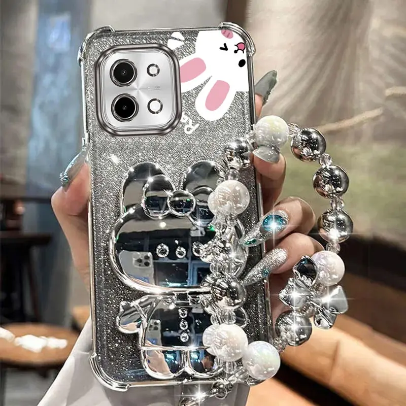 Airbag Glitter Mirror Rabbit Phone Holder Case On For Vivo Y01 Y02 Y02S Y5S Y15S Y15A Y17 Y17S Y19 Y28 4G 5G Anti-knock Cover