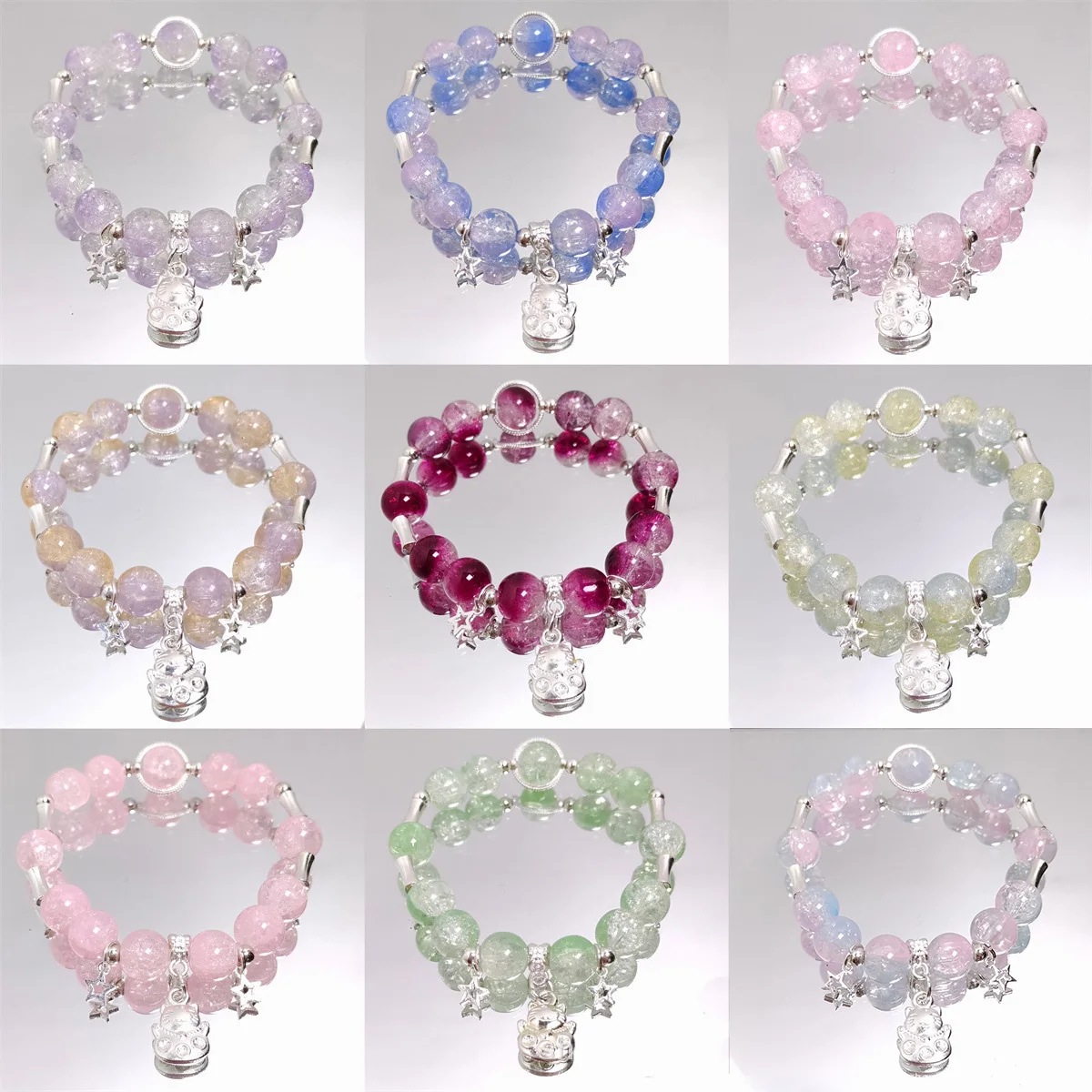 New Design Fortune Cat&Star Charm Silver Color Bamboo Joint Cracked Crystal Beaded Bracelets for Women Girls Hand Jewelry 1416